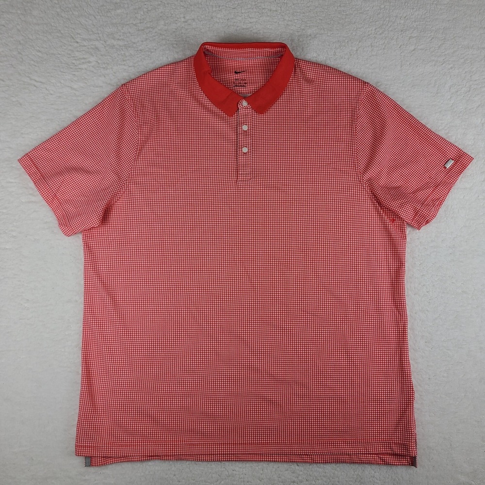 Nike Polo Shirt Mens 2XL XXL Red White Houndstooth Dri Fit‎ Performance